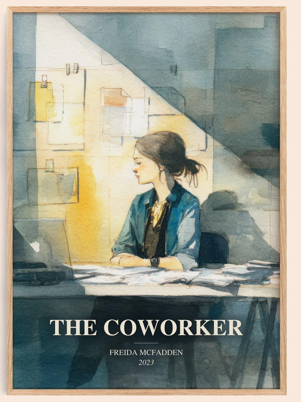 The Coworker watercolour book poster by Freida Mcfadden – framed literary art print