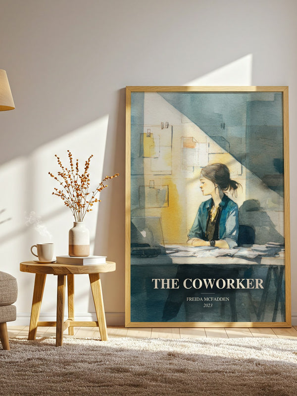 The Coworker watercolour print in frame leaning in hallway – thriller wall art