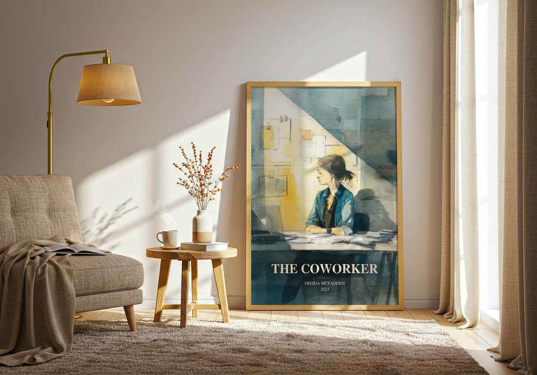 The Coworker watercolour print in frame leaning in hallway – thriller wall art (mockup)