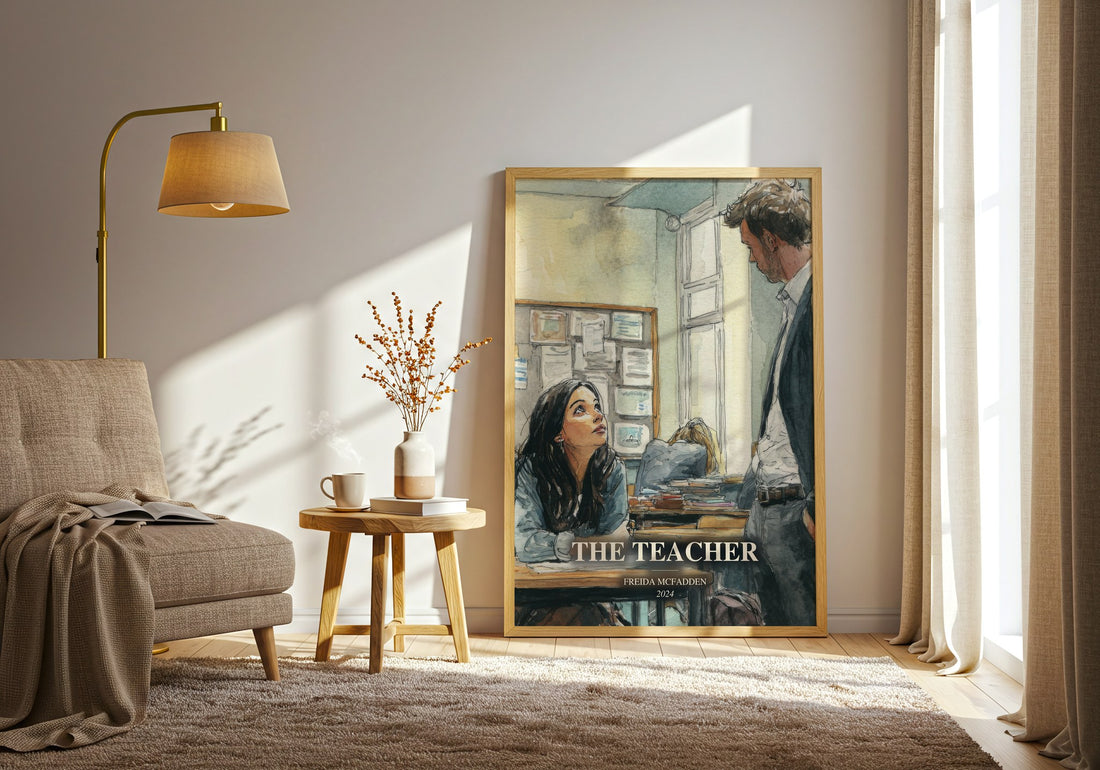 The Teacher watercolour print in frame leaning in hallway – thriller wall art (mockup)