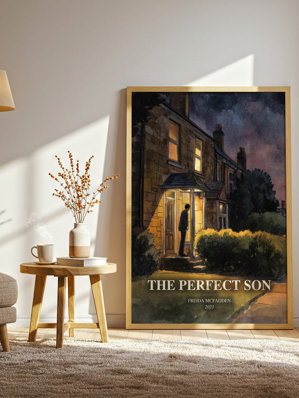 The Perfect Son watercolour print in frame leaning in hallway – thriller wall art