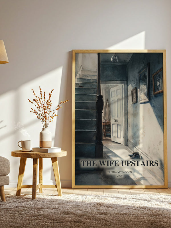 The Wife Upstairs watercolour print in frame leaning in hallway – thriller wall art