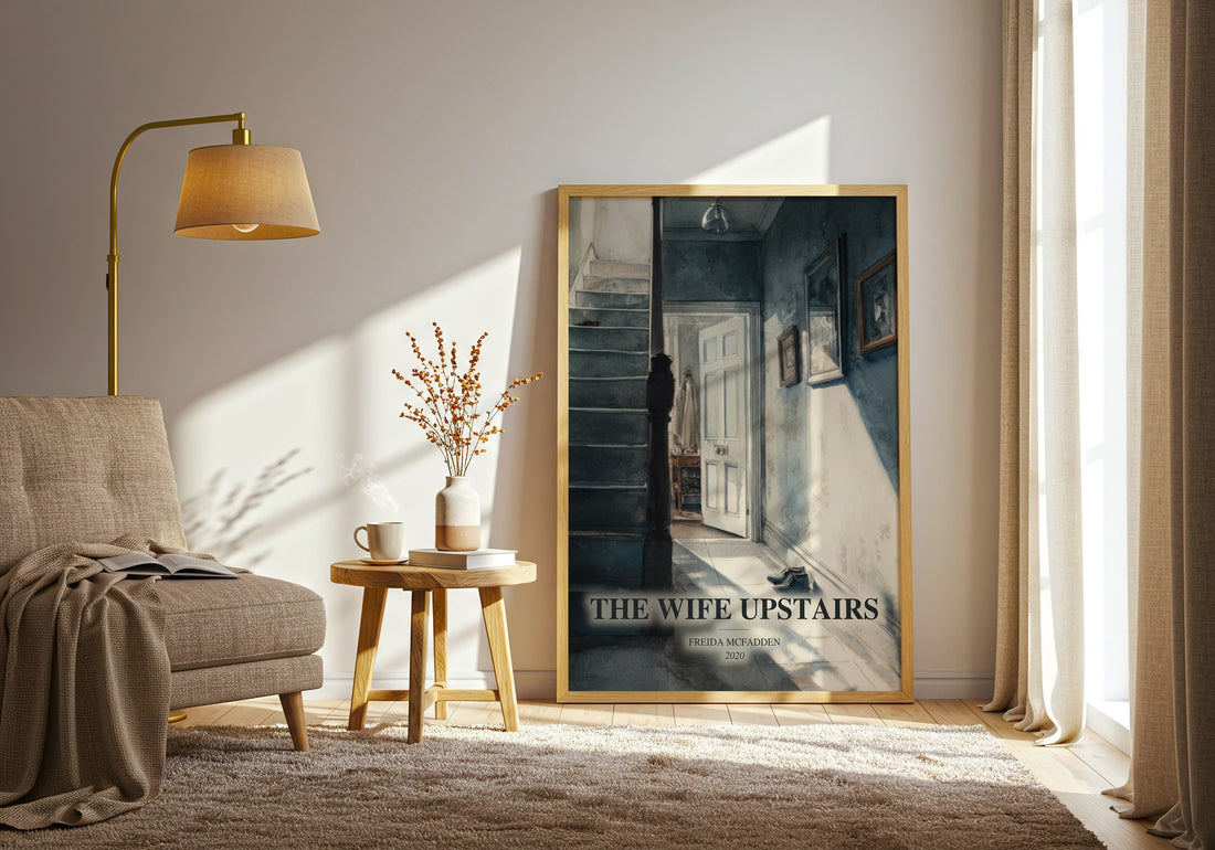 The Wife Upstairs watercolour print in frame leaning in hallway – thriller wall art (mockup)