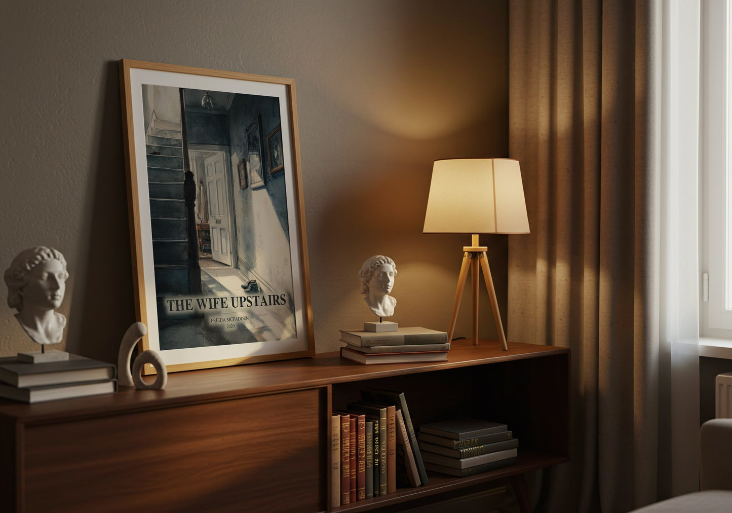 The Wife Upstairs watercolour print on bookshelf – Freida Mcfadden fan gift