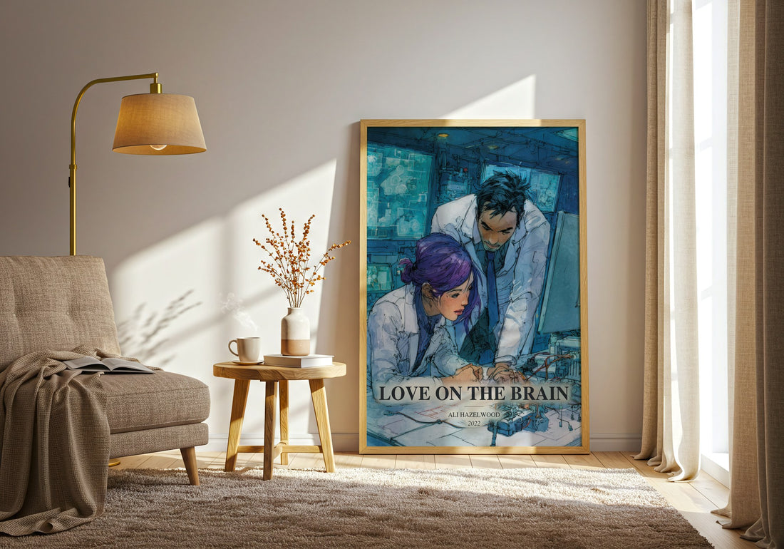 Love On The Brain watercolour print in frame leaning in hallway – contemporary fiction wall art (mockup)