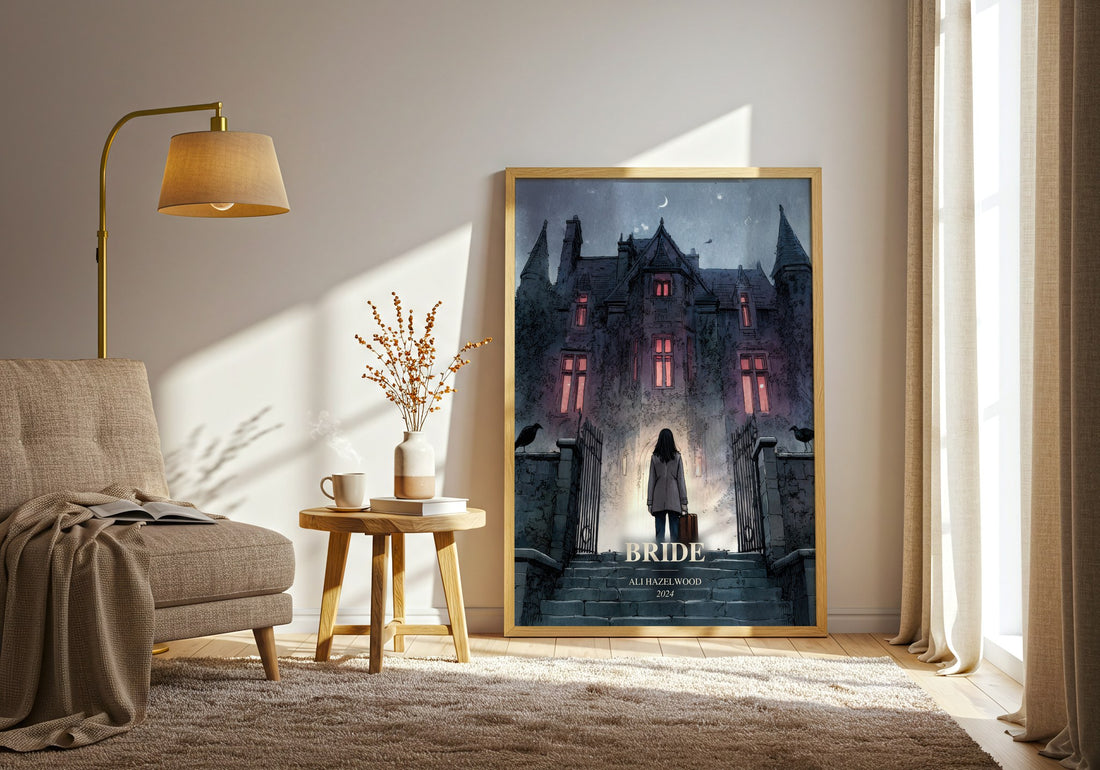 Bride watercolour print in frame leaning in hallway – romance wall art (mockup)