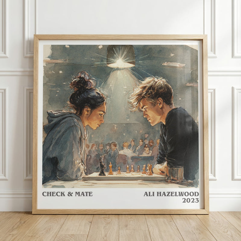Check & Mate literary print in frame leaning in hallway – romance wall art