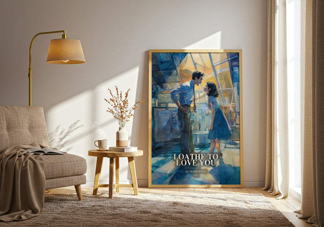 Loathe To Love You watercolour print in frame leaning in hallway – romance wall art (mockup)