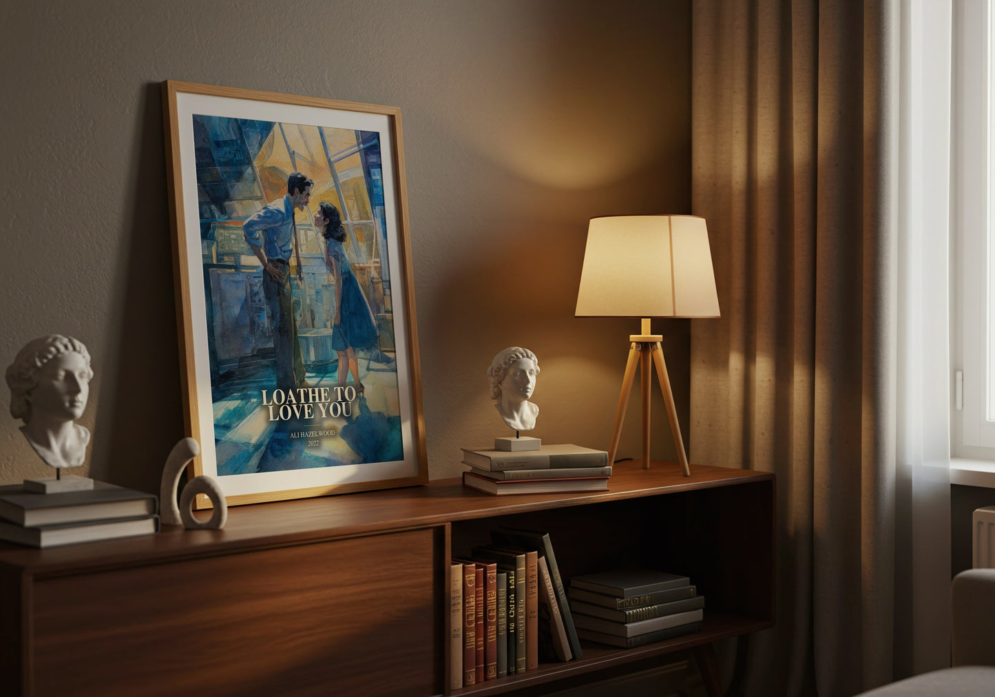 Loathe To Love You watercolour print on bookshelf – Ali Hazelwood fan gift