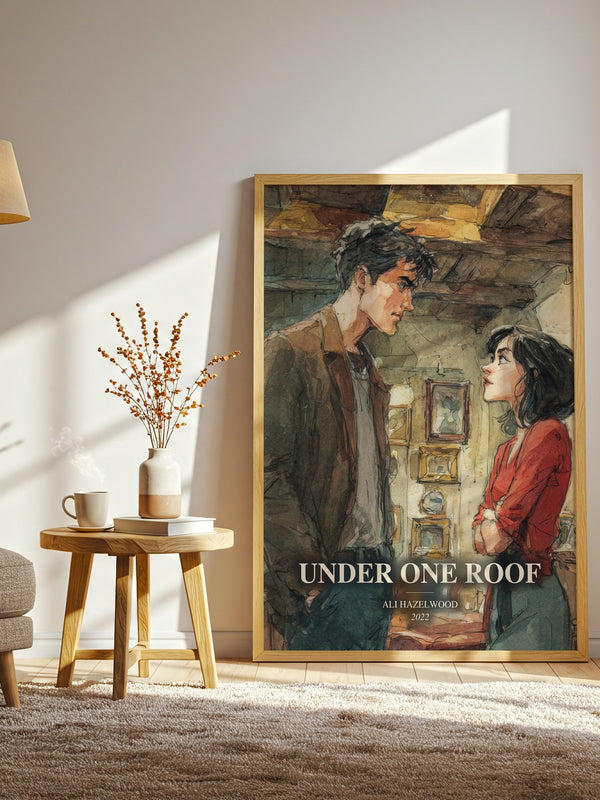 Under One Roof watercolour print in frame leaning in hallway – romance wall art
