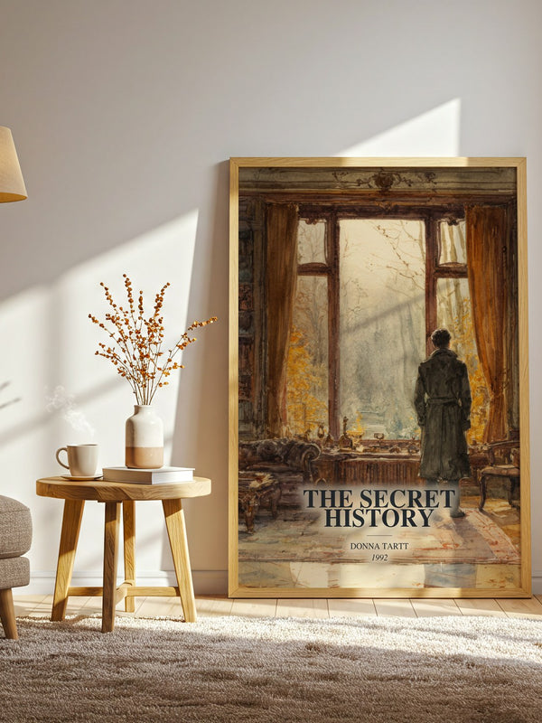 The Secret History watercolour print in frame leaning in hallway – literary fiction wall art