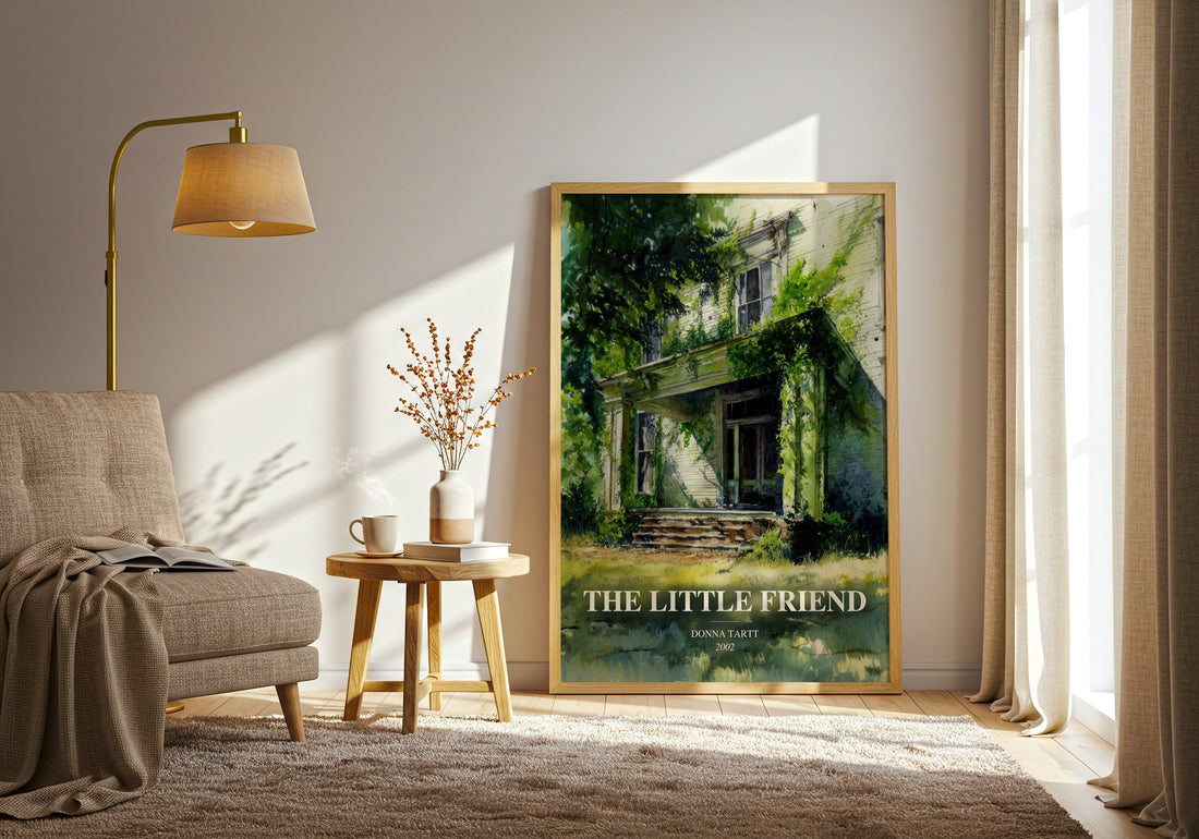 The Little Friend watercolour print in frame leaning in hallway – literary fiction wall art (mockup)