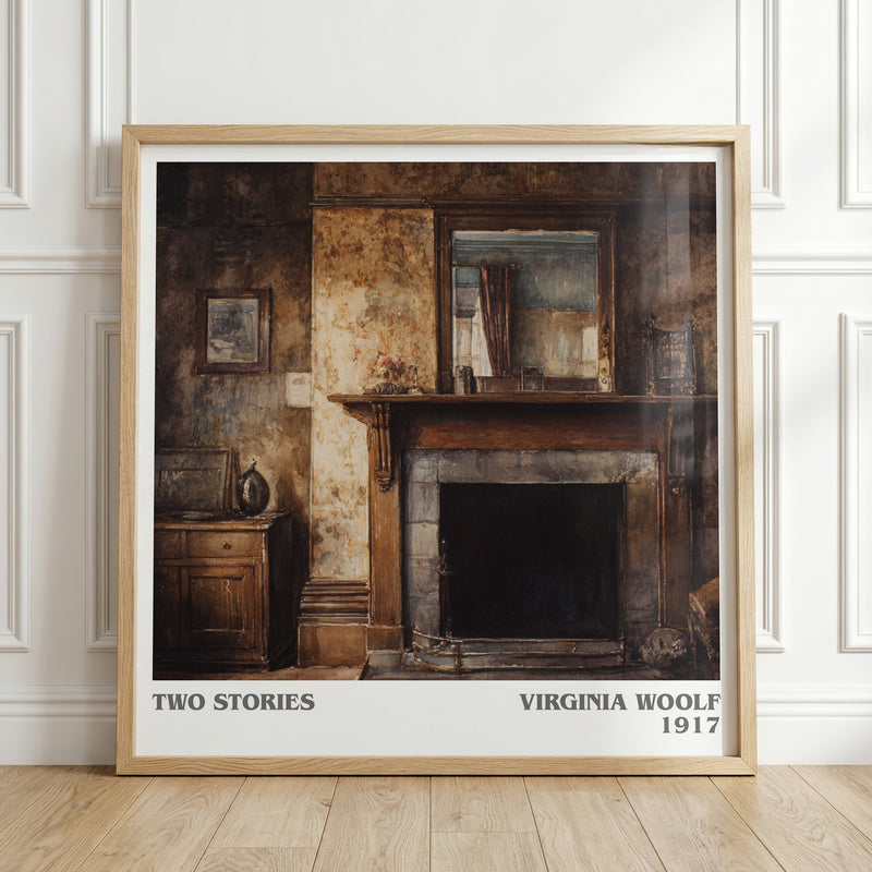 Two Stories literary print in frame leaning in hallway – classic literature wall art