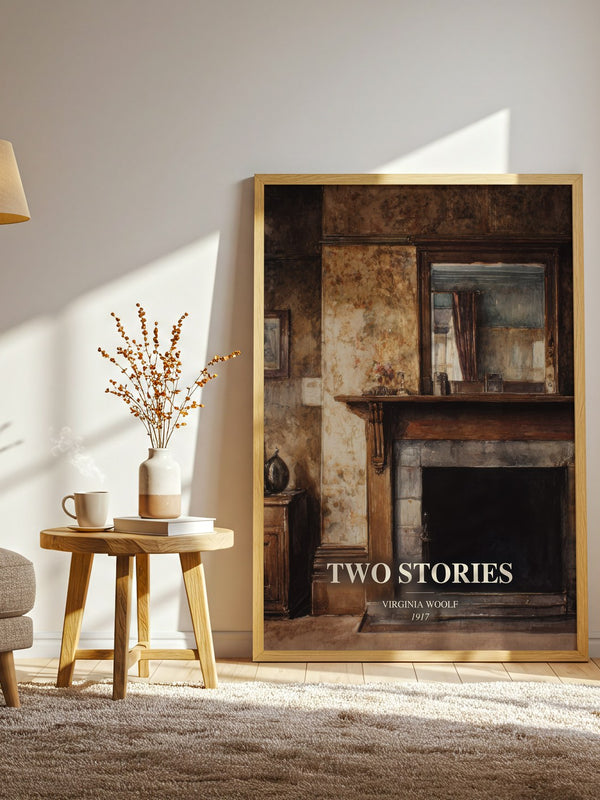 Two Stories watercolour print in frame leaning in hallway – literary fiction wall art