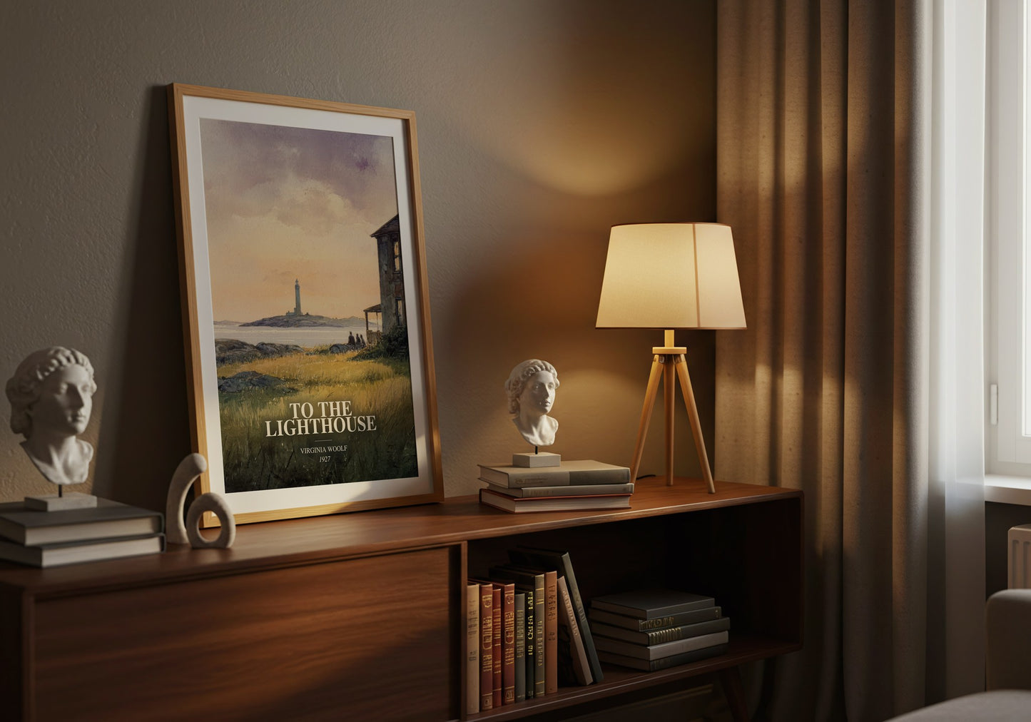 To The Lighthouse watercolour print on bookshelf – Virginia Woolf fan gift