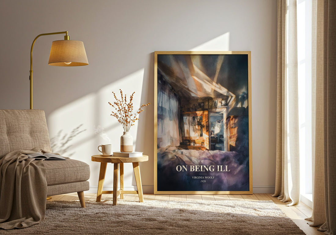 On Being Ill watercolour print in frame leaning in hallway – non fiction wall art (mockup)
