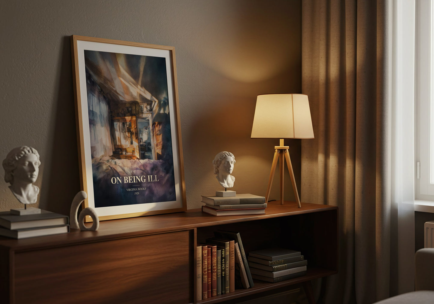 On Being Ill watercolour print on bookshelf – Virginia Woolf fan gift