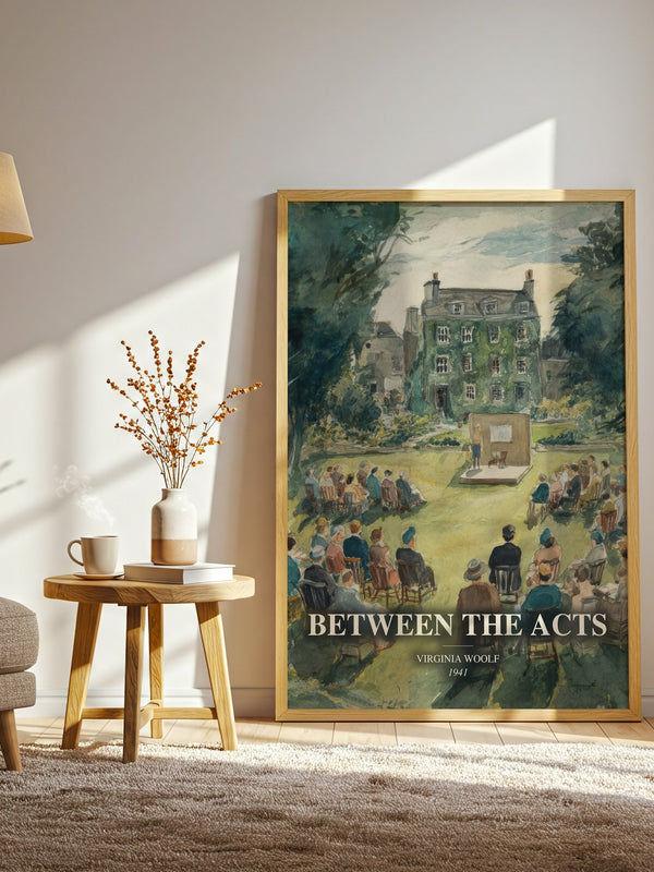 Between The Acts watercolour print in frame leaning in hallway – literary fiction wall art