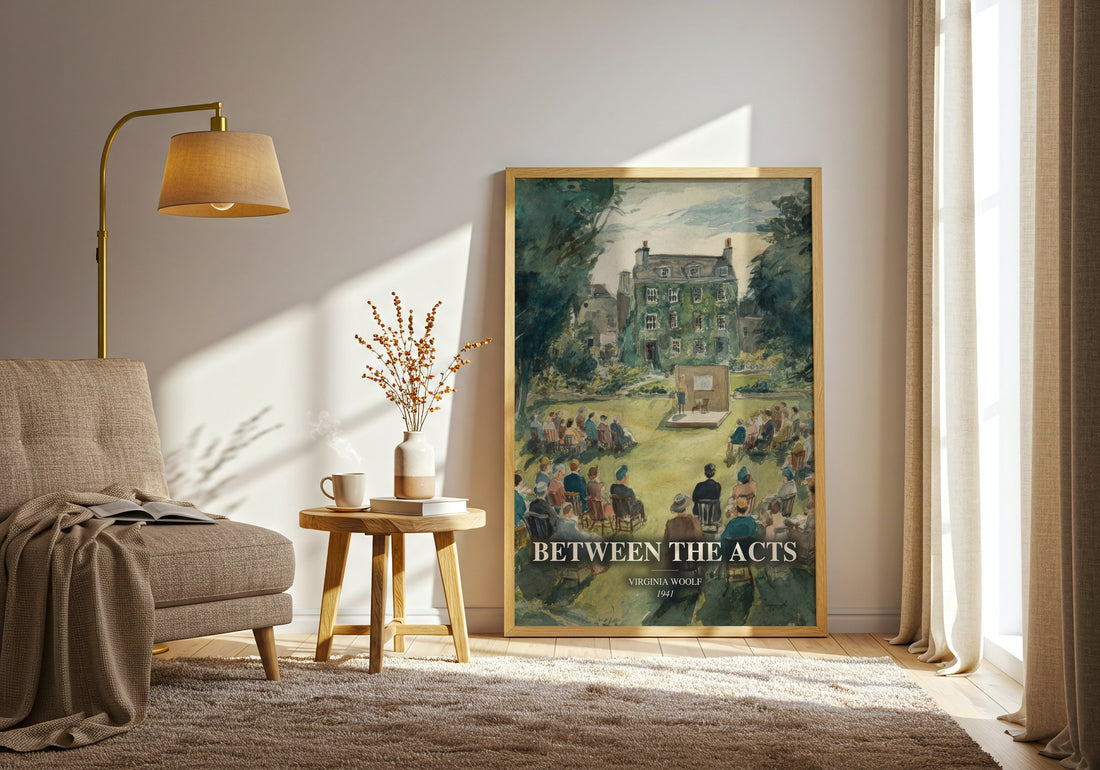 Between The Acts watercolour print in frame leaning in hallway – literary fiction wall art (mockup)