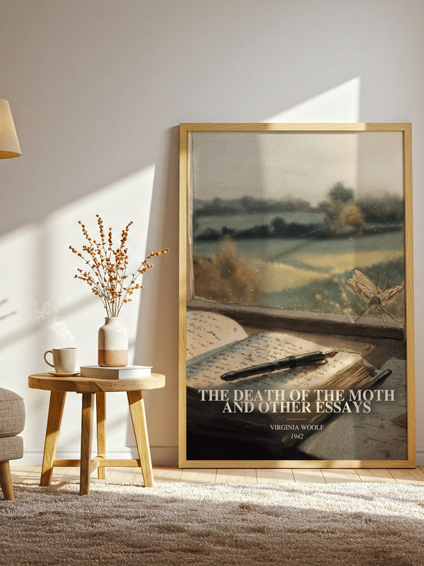 The Death Of The Moth And Other Essays watercolour print in frame leaning in hallway – non fiction wall art