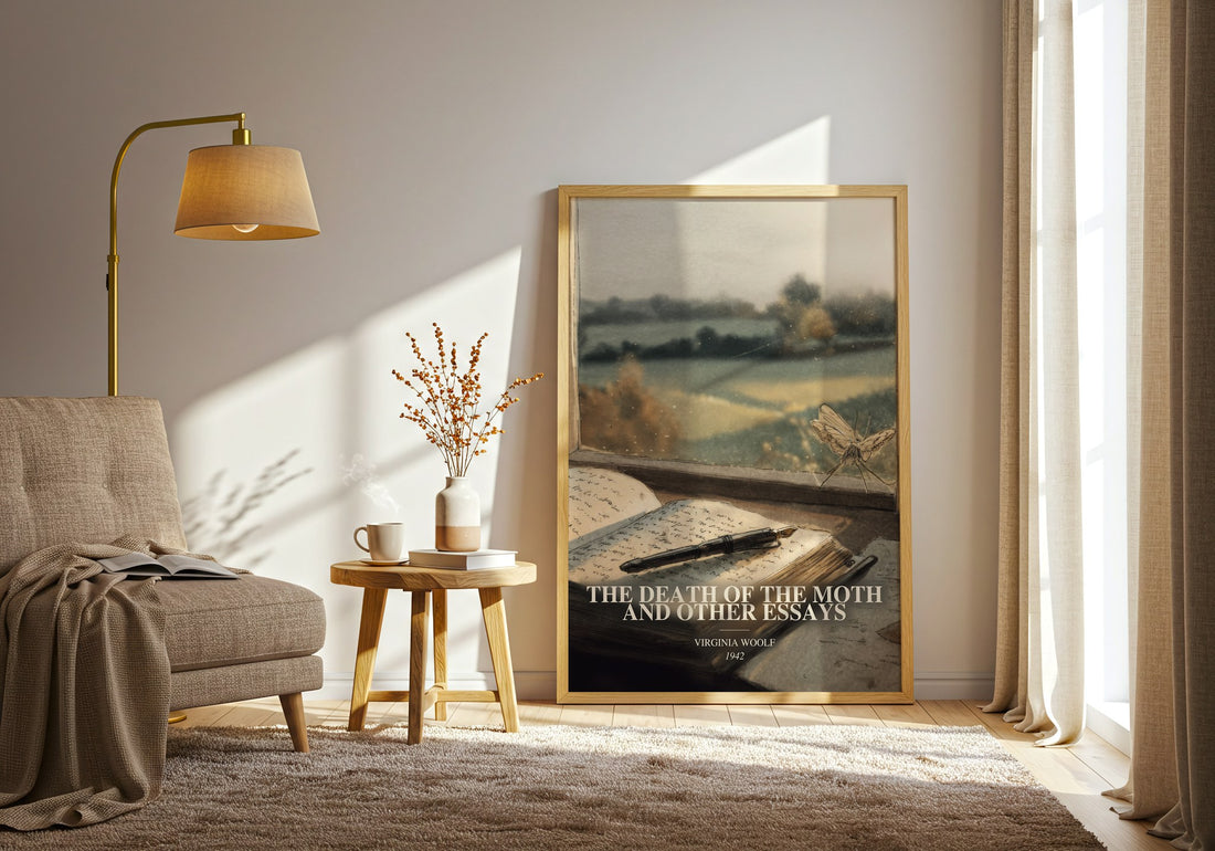 The Death Of The Moth And Other Essays watercolour print in frame leaning in hallway – non fiction wall art (mockup)