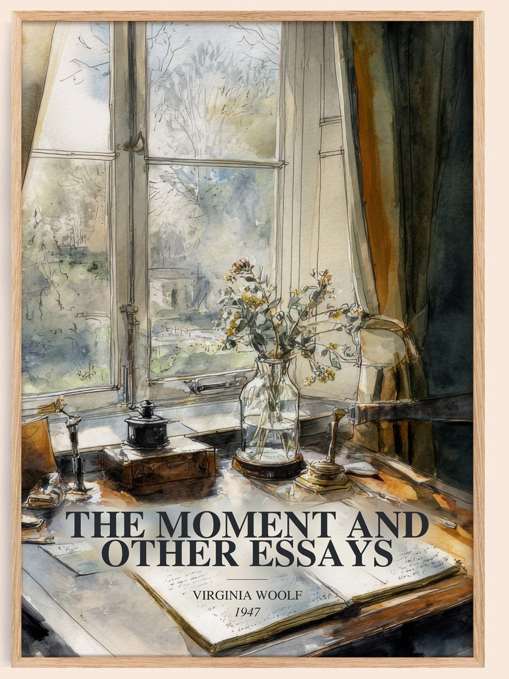 The Moment And Other Essays watercolour book poster by Virginia Woolf – framed literary art print