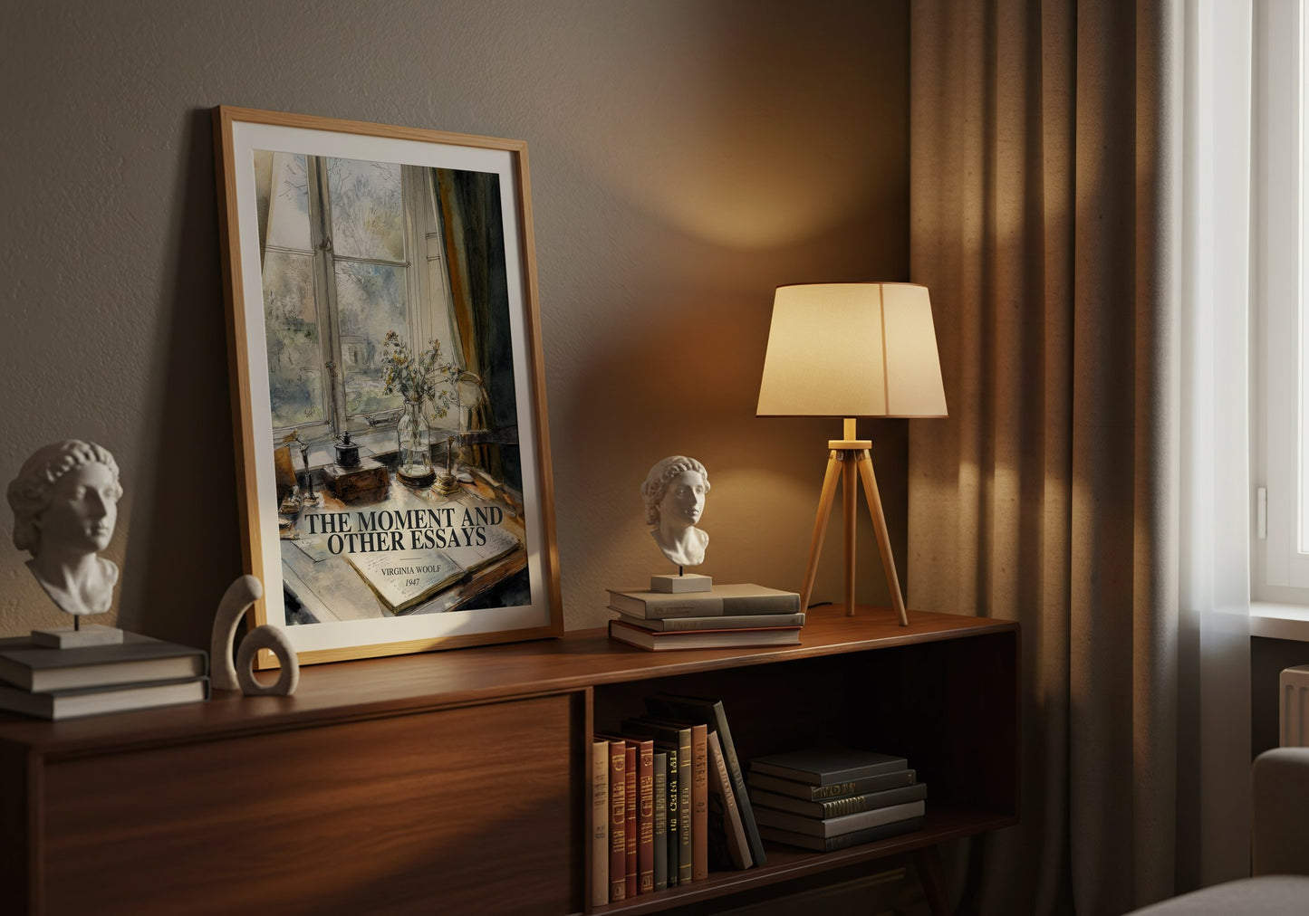 The Moment And Other Essays watercolour print on bookshelf – Virginia Woolf fan gift