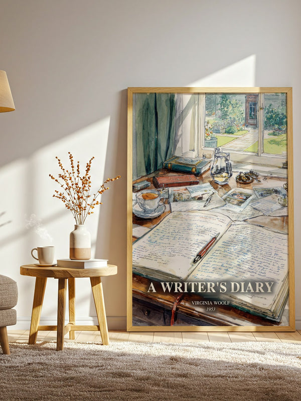 A Writer'S Diary watercolour print in frame leaning in hallway – non fiction wall art