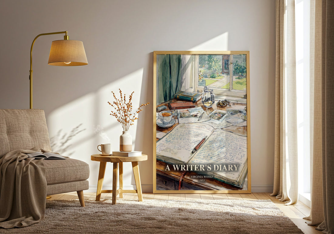A Writer'S Diary watercolour print in frame leaning in hallway – non fiction wall art (mockup)