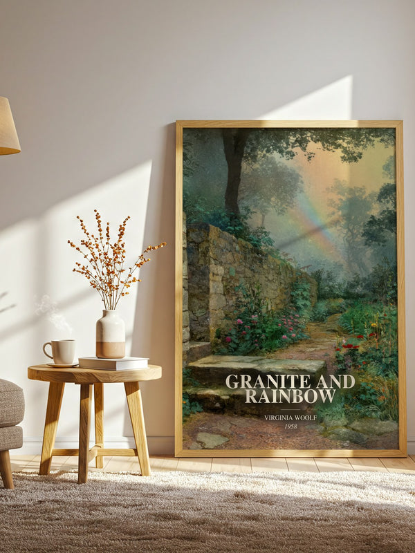 Granite And Rainbow watercolour print in frame leaning in hallway – non fiction wall art