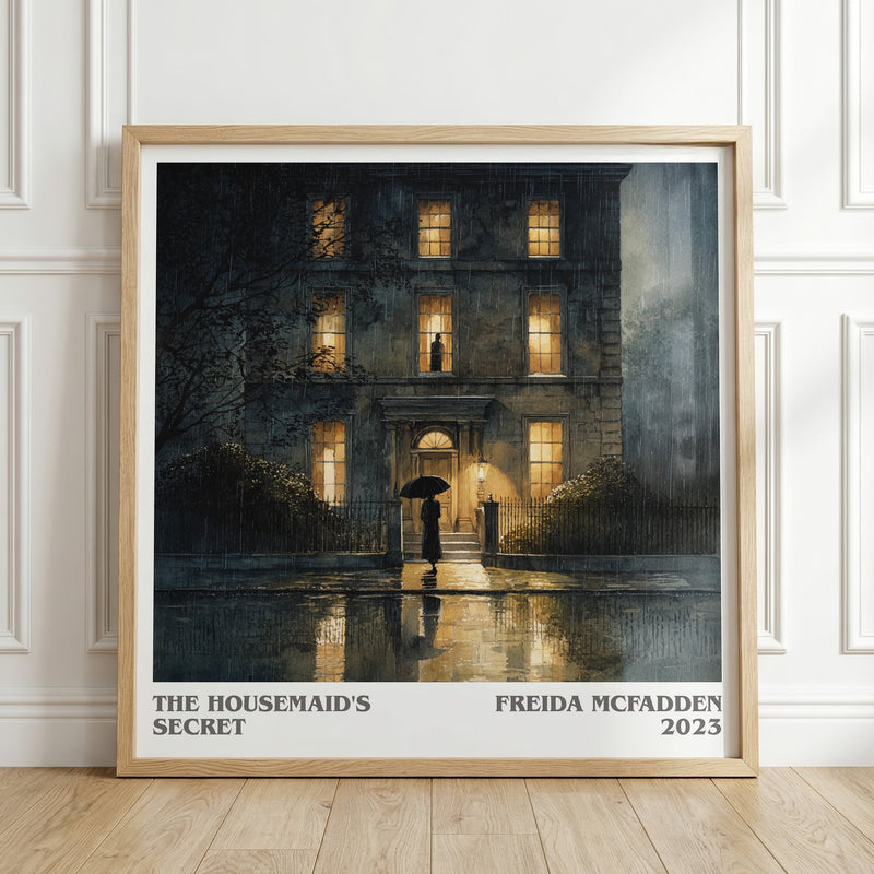 The Housemaid's Secret literary print in frame leaning in hallway – thriller wall art