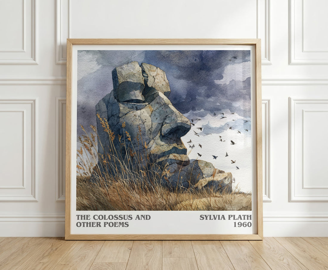 The Colossus: and Other Poems literary print in frame leaning in hallway – thriller wall art (mockup)