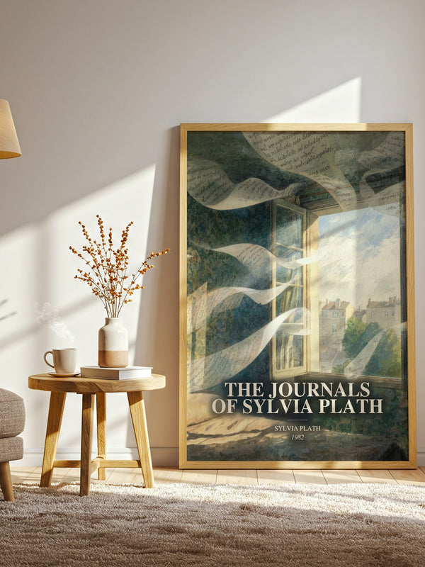 The Journals Of Sylvia Plath watercolour print in frame leaning in hallway – memoir wall art