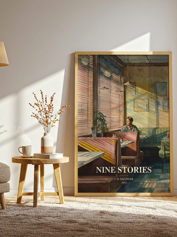 Nine Stories watercolour print in frame leaning in hallway – literary fiction wall art