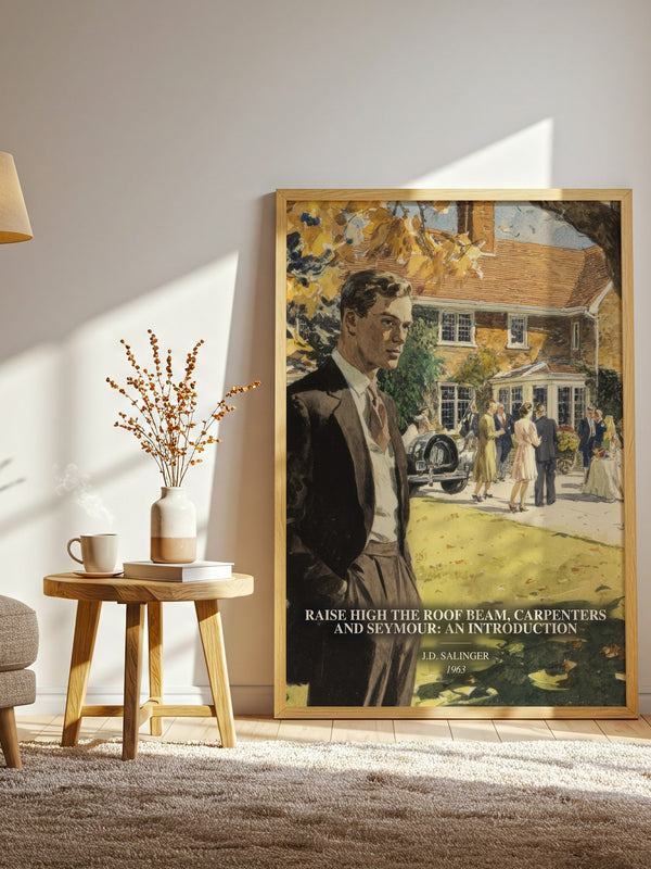 Raise High The Roof Beam, Carpenters And Seymour: An Introduction watercolour print in frame leaning in hallway – literary