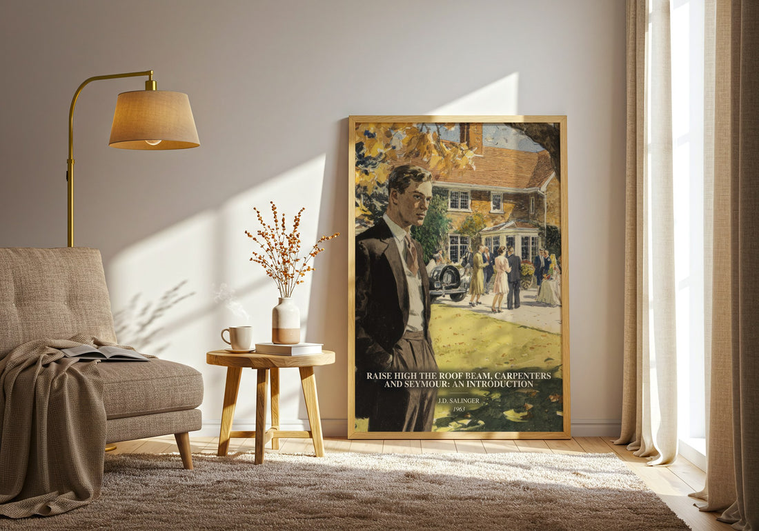 Raise High The Roof Beam, Carpenters And Seymour: An Introduction watercolour print in frame leaning in hallway – literary (mockup)