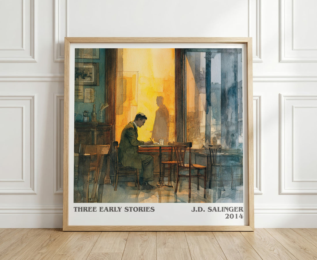 Three Early Stories literary print in frame leaning in hallway – literary fiction wall art (mockup)