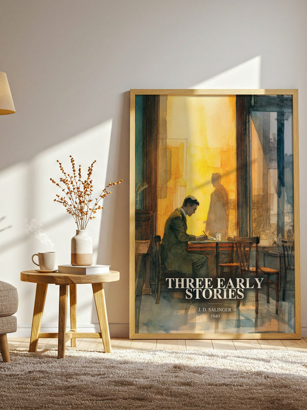 Three Early Stories watercolour print in frame leaning in hallway – literary fiction wall art