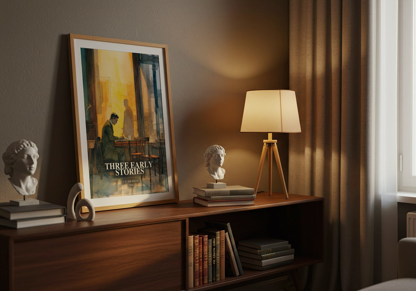 Three Early Stories watercolour print on bookshelf – J. D. Salinger fan gift