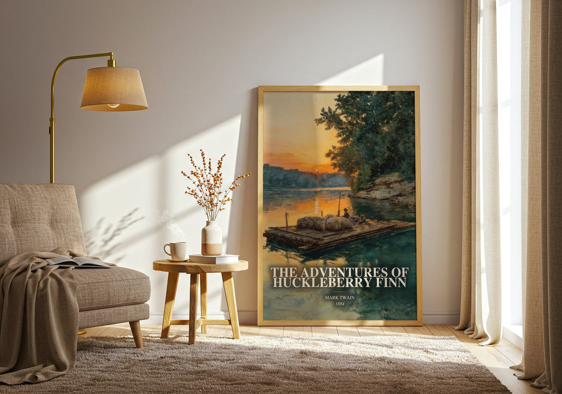The Adventures Of Huckleberry Finn watercolour print in frame leaning in hallway – classic literature wall art (mockup)