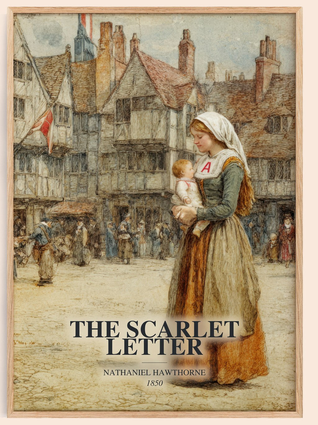 The Scarlet Letter watercolour book poster by Nathaniel Hawthorne – framed literary art print