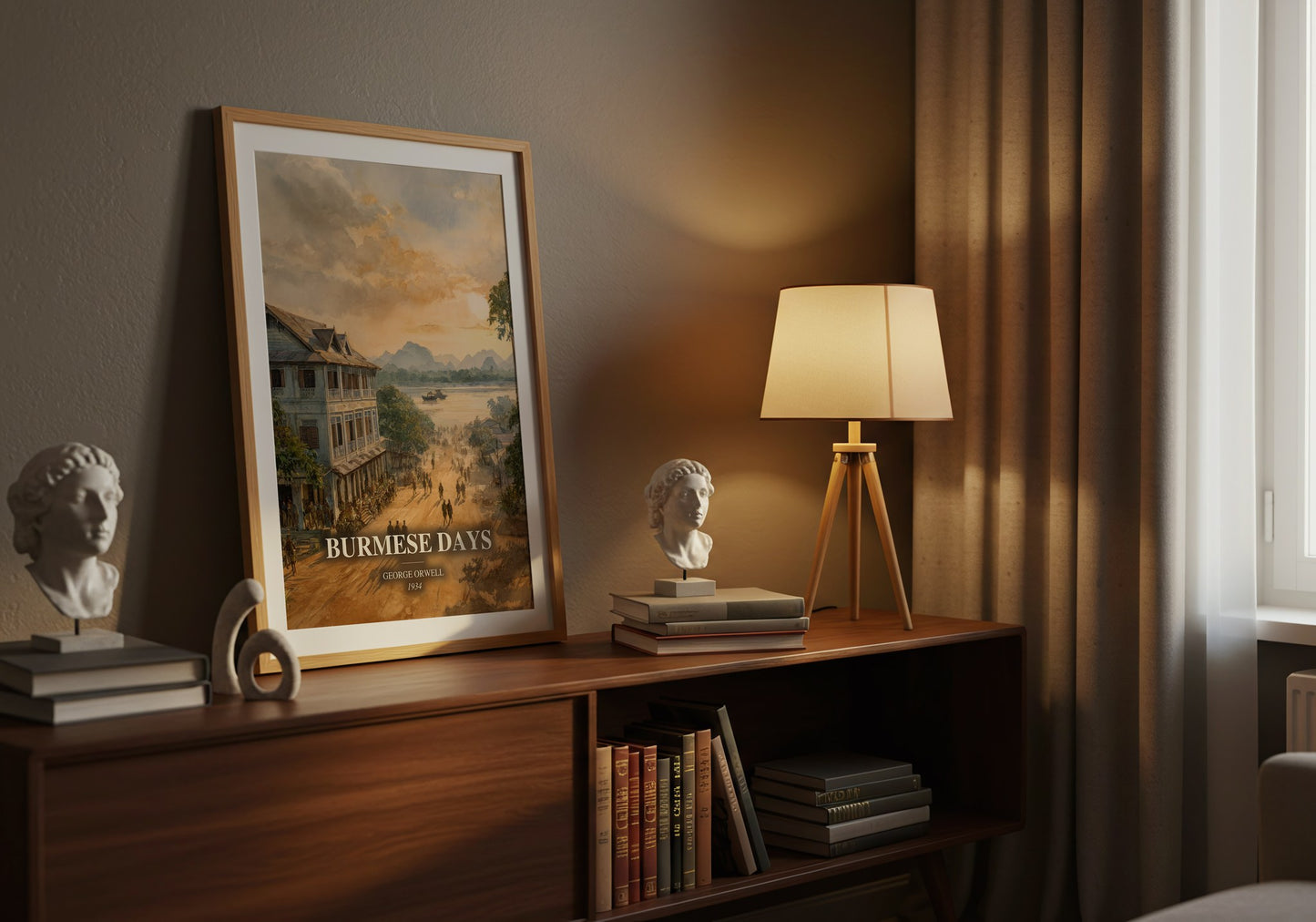 Burmese Days watercolour print on bookshelf – George Orwell fan gift