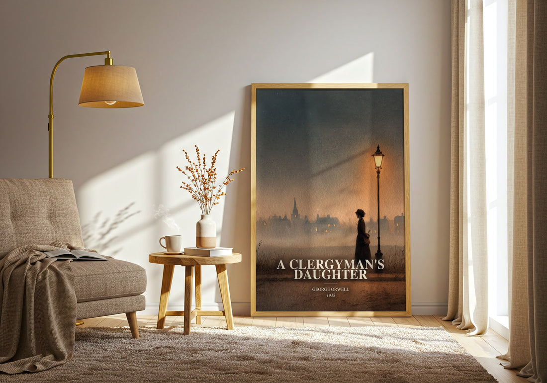 A Clergyman'S Daughter watercolour print in frame leaning in hallway – literary fiction wall art (mockup)