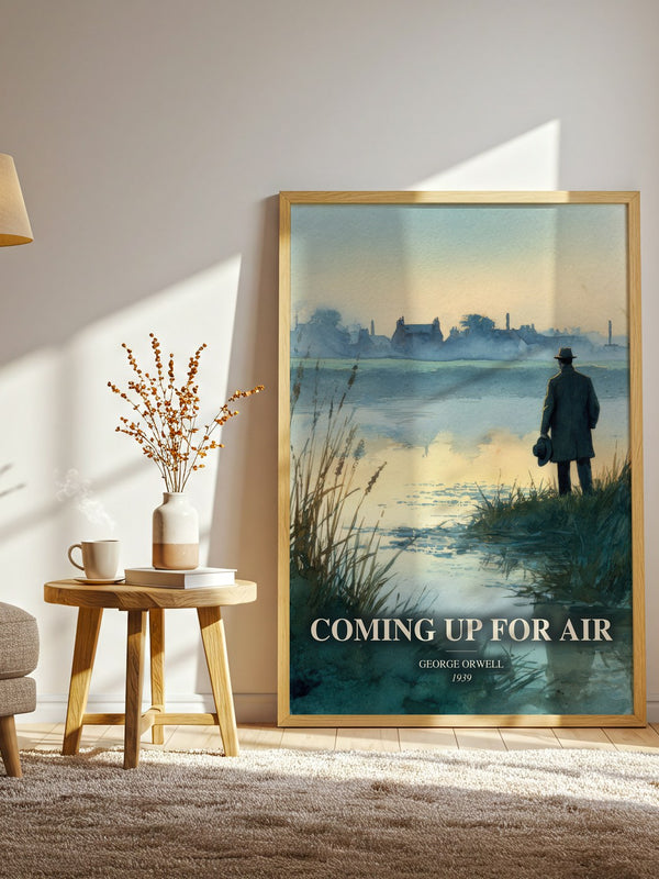 Coming Up For Air watercolour print in frame leaning in hallway – literary fiction wall art