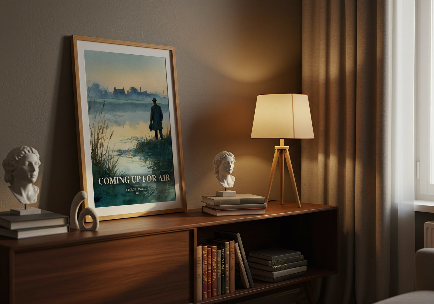 Coming Up For Air watercolour print on bookshelf – George Orwell fan gift
