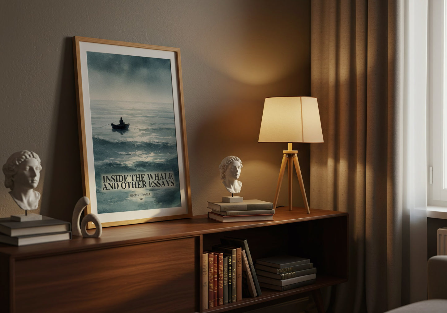Inside The Whale And Other Essays watercolour print on bookshelf – George Orwell fan gift