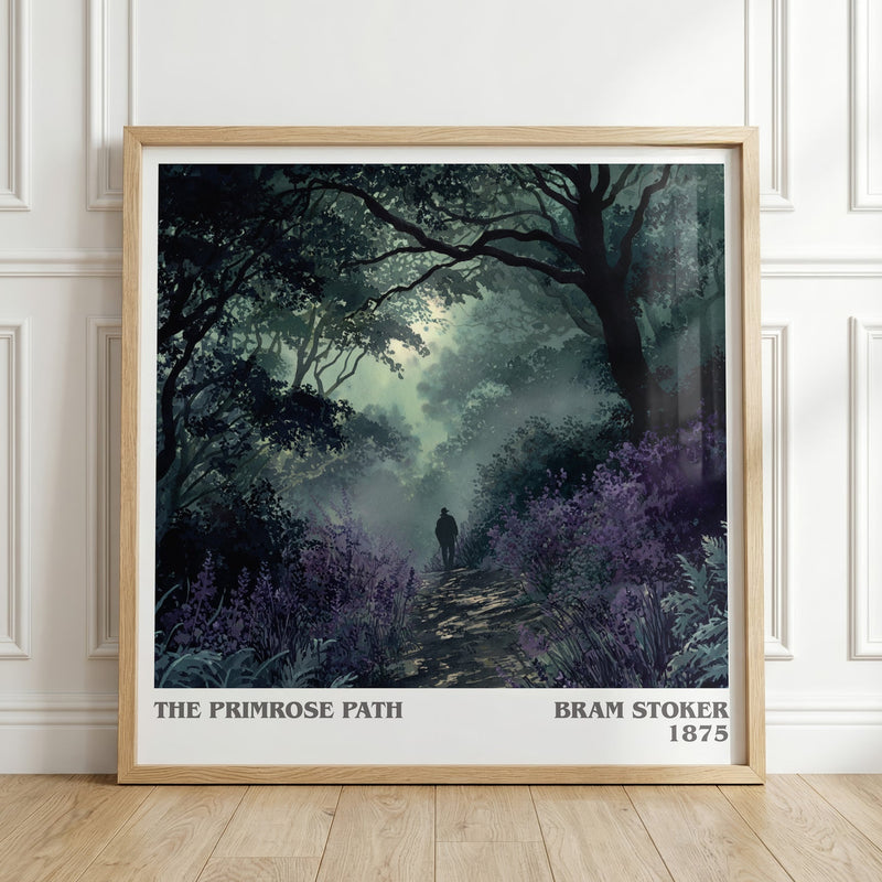 The Primrose Path literary print in frame leaning in hallway – non fiction wall art