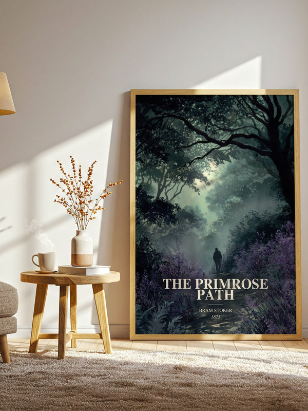 The Primrose Path watercolour print in frame leaning in hallway – gothic wall art
