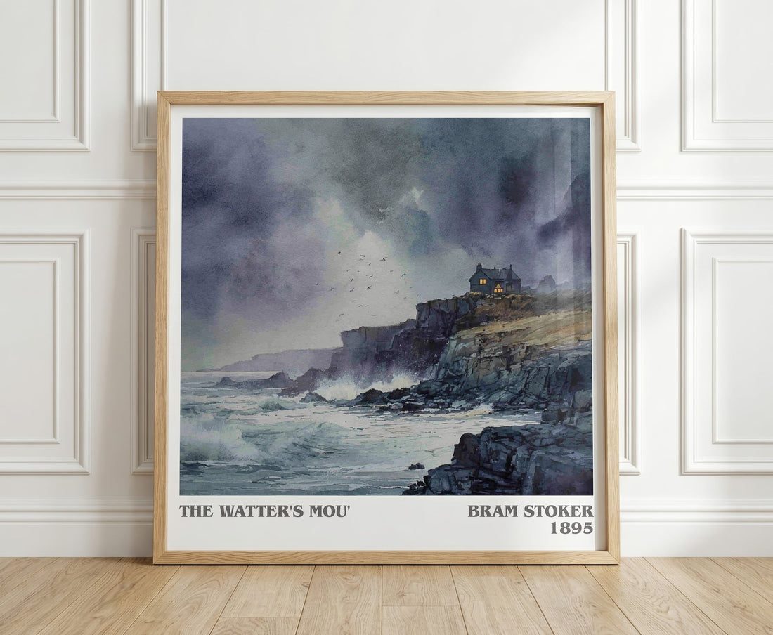 The Watter's Mou' literary print in frame leaning in hallway – gothic wall art (mockup)