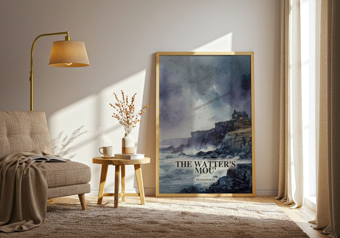 The Watter'S Mou' watercolour print in frame leaning in hallway – classic literature wall art (mockup)